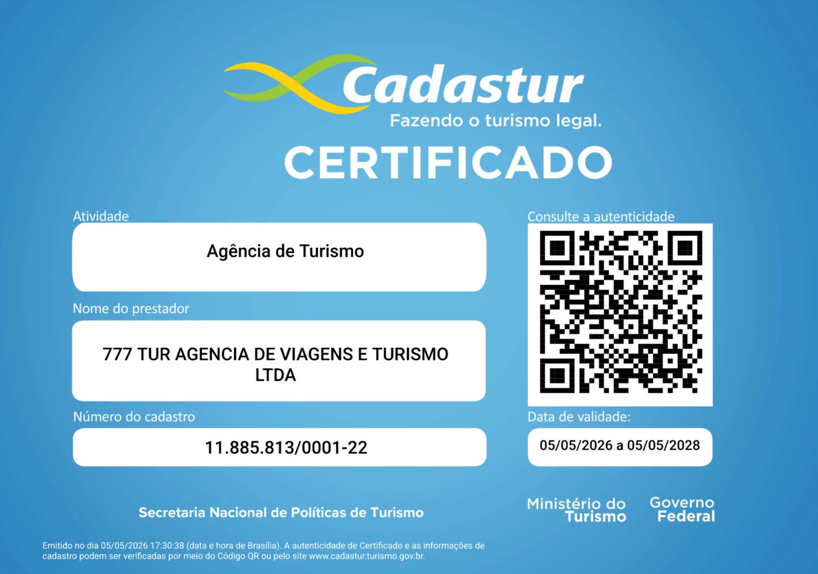 Certificado Cadastur oficial da 777 TUR, válido de 05/05/2026 a 05/05/2028